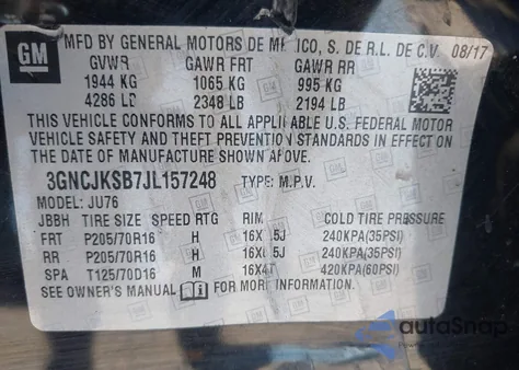 2018 Chevrolet Trax Ls из США, поврежденный, VIN 3GNCJKSB7JL157248